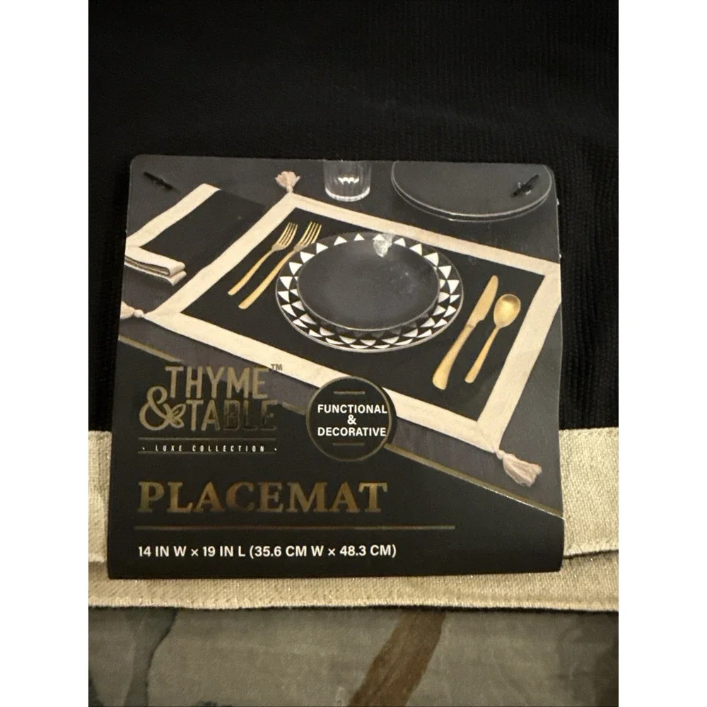Thyme & Table Black Beige Cotton Metallic Rectangular Placemats 14x19in Set of 3